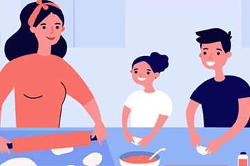 niños cocinando con mamá ilustración