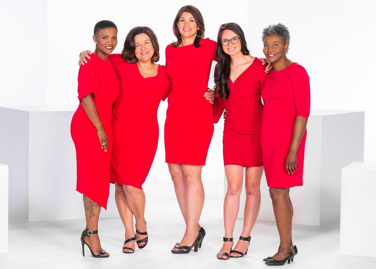 5 women wearing red